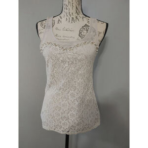 Women's Express Beige Lace Tank Top with Pearls XS